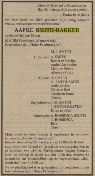 overlijdensadvertentie aafke bakker on 23 Mar 1982.